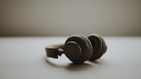 Headphones are resting on a smooth surface with a neutral background and soft natural light around them.の素材