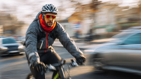 A person on a bicycle travels through city streets in the morning while surrounded by moving cars.の素材