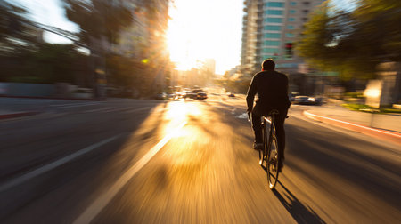 A person cycles down a city street in the morning light as cars pass by in traffic.の素材