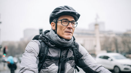 A person cycles on city streets in the morning while commuting to work. Cars and buildings are seen in the background.の素材