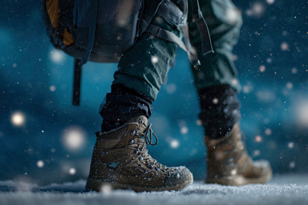Snowy path shows footsteps as light snow falls and detailed snowflakes fill the air around seekers.の素材