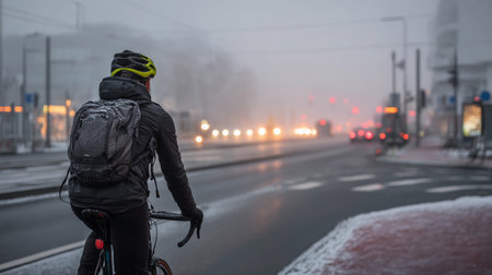 A cyclist travels through city streets in the morning fog while commuting to work.の素材