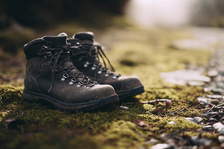 Two boots sit on moss-covered ground along a forest trail in soft morning light.の素材