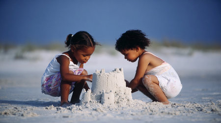 Kids are shaping a sandcastle on the beach while a parent watches nearby. They focus on their project.の素材
