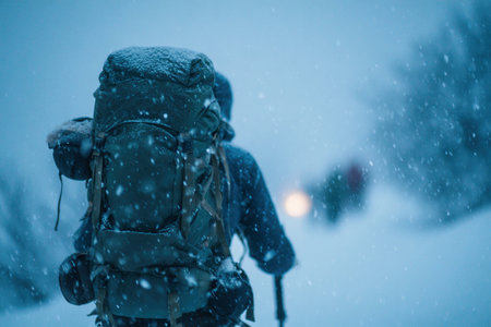 A hiker moves along a snow-covered path with snowflakes falling in a mountain setting.の素材