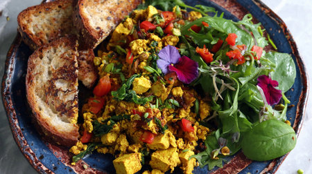 A breakfast plate shows tofu scramble with toast and salad in a cafe setting during the morning.の素材