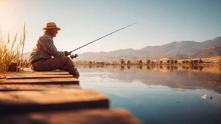 A man sits on a dock fishing at a lake during sunrise while the water reflects the morning light.の素材