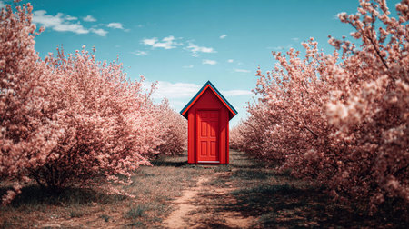 A red door is placed among rows of blooming cherry trees on a sunny day. The path leads through the blossoms.の素材