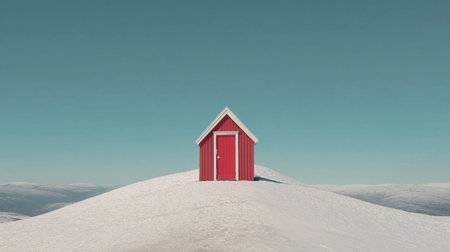 A red door sits on top of a snow-covered mountain with a clear blue sky above and white snow below.の素材