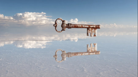 A vintage key is seen suspended above a reflective desert surface as clouds fill the sky.の素材