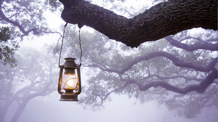 A vintage lantern is suspended from the branch of a giant tree in a foggy forest.の素材