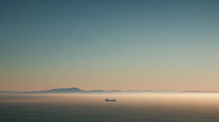 A rectangle emerges from the fog in the sea, with mountains visible in the distance under morning light.の素材