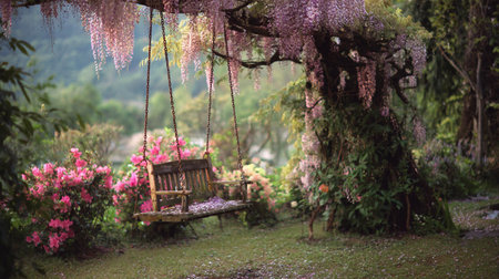 A swing is tied to a wisteria plant with blooming flowers in a garden filled with other colorful plants.の素材