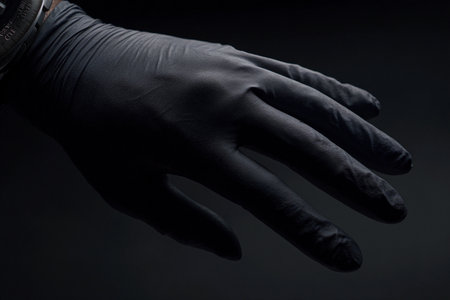 A close-up of a black glove shows details of texture and color against a dark background.の素材