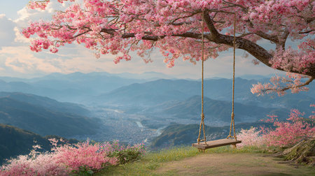 A swing hangs from a sakura tree, surrounded by pink flowers and mountains in the distance on a sunny day.の素材