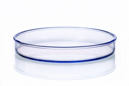 A petri dish is on a white background. The dish is empty and clean, showing its shape and color.の素材