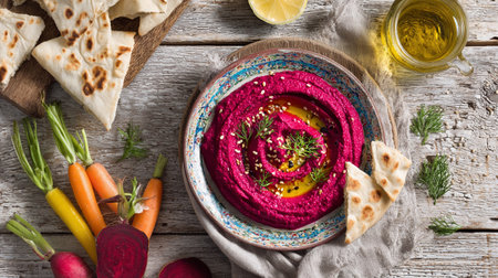 Beetroot hummus sits in a bowl with olive oil, surrounded by fresh carrots, pita, and lemon.の素材