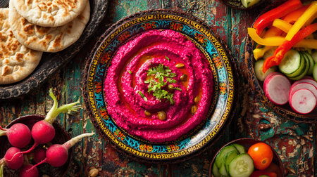 Beetroot hummus served in a bowl with fresh veggies and pita bread arranged around it on a wooden table.の素材