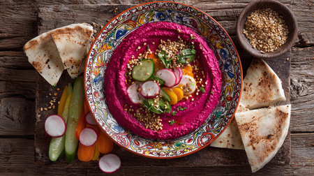 Beetroot hummus is arranged in a bowl with fresh vegetables and pita on a wooden surface.の素材