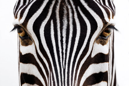 The image shows a close-up view of a zebra's head with clear stripe patterns and a white backdrop.の素材