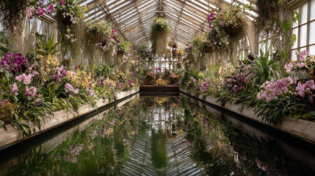 Water droplets hang in the air inside a greenhouse filled with many orchids and plants.の素材