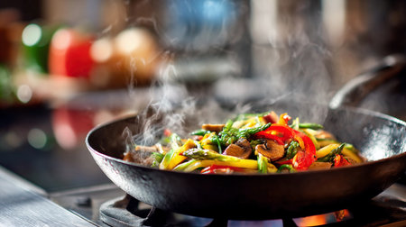 Vegetables sizzle in a cast iron pan on the stove while steam rises above.の素材