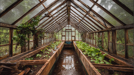 Water droplets hang on the glass in a greenhouse with plants growing in wooden beds.の素材