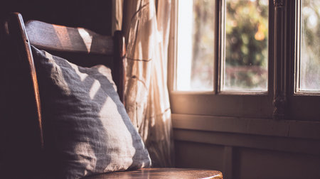 A soft pillow sits on a wooden chair near a window. Light comes in through the glass illuminating the space.の素材