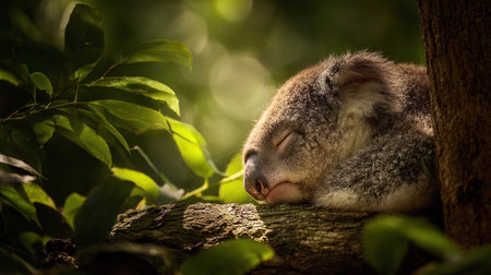 A koala rests on a branch in a eucalyptus tree as sunlight filters through the leaves.の素材
