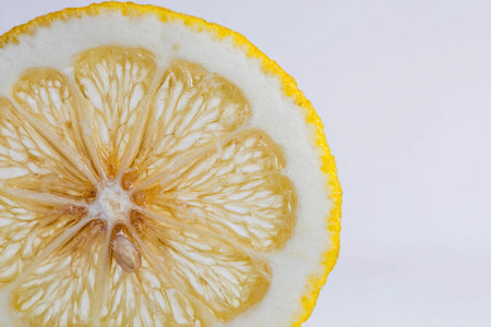 A slice of lemon shows detailed pulp structure against a white background, focusing on its natural design.の素材