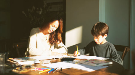 Mom sits with her son at the dining table, assisting him with his homework during the afternoon.の素材