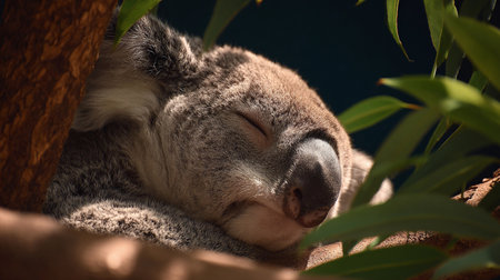 A koala rests quietly in a eucalyptus tree, enjoying the sunlight filtering through the leaves.の素材