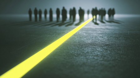 A bright line stands out while many dim figures gather in a shadowed area. The scene shows a sense of direction.の素材