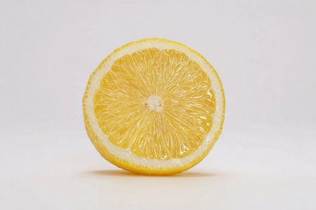 A lemon slice displays its pulp structure on a pure white backdrop for a clear view of the fruit's interior.の素材