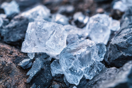 Rock crystals rest among darker stones after a hike in a mountainous area among nature.の素材