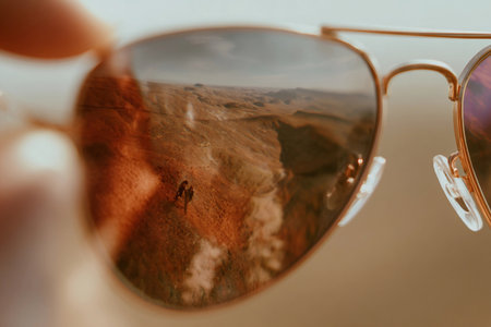 Sunglasses show a detailed reflection of hikers on a mountain during bright daylight.の素材