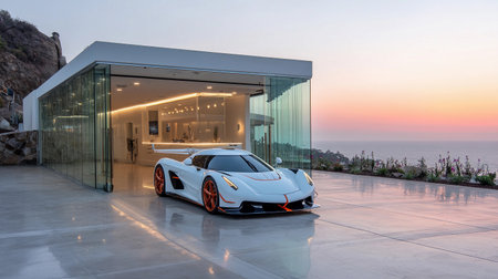 A hypercar charges inside a modern garage with glass walls. The sun sets in the background, creating a warm glow.の素材