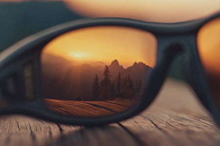Sunglasses sit on a wooden surface with sunset light reflecting on mountain peaks in the background.の素材