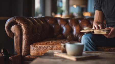 Person looks through a journal on a coffee table while enjoying a cup of coffee in a cozy setting.の素材