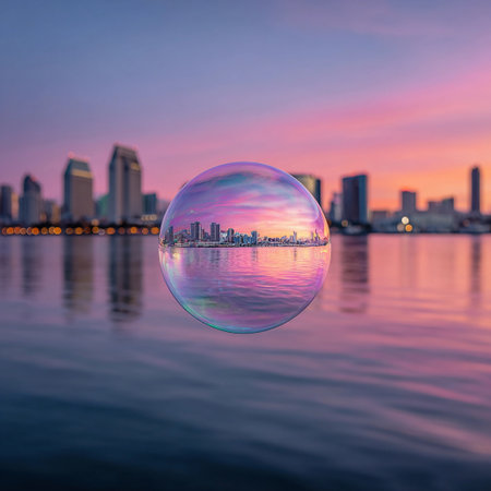 A soap bubble floats above water, showing a city skyline and colorful sky at sunset.の素材