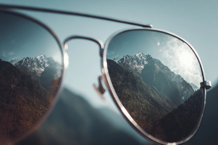 Sunglasses are held up to show mountains reflecting in the lenses during bright sunlight.の素材
