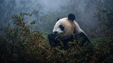 A panda chews on bamboo in a misty grove with soft light filtering through the trees.の素材