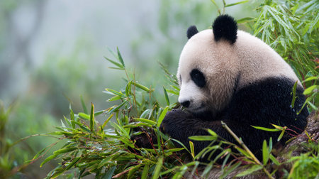 A panda sits in a misty grove and enjoys bamboo while soft light shines through the trees.の素材