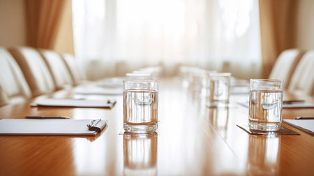 A business conference table is prepared with notepads and glasses of water for an upcoming meeting.の素材