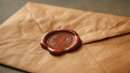 A paper envelope with a wax seal rests on a table. Surrounding papers add to the organized mess of the workspace.の素材