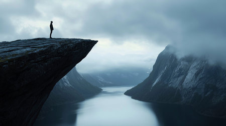 A person is standing on a cliff edge looking at mountains and a river under cloudy skies.の素材