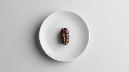 Coffee bean sits alone on a white plate against a soft background with no other items present.の素材