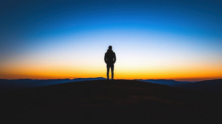 A person stands alone on a hilltop as the sun sets, casting colorful light in the sky.の素材