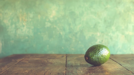 A single avocado rests on a rustic wooden table with soft natural light casting gentle shadows.の素材