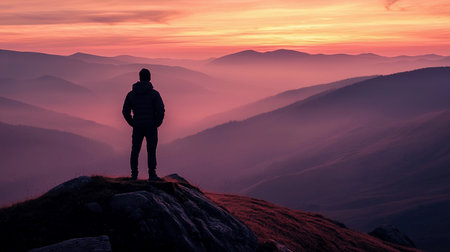 A person stands on a hilltop and observes the sunset lighting up the sky and distant mountains.の素材